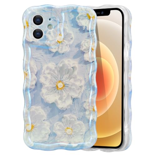 EYZUTAK Case for iPhone 11, Colorful Retro Oil Painting Flower, Light Blue | Laser Glossy Floral Pattern, Cute Curly Wave Edge, Exquisite Phone Cover, Stylish Durable TPU Protective Case for Girl Women - color: Light Blue, size: iPhone 11