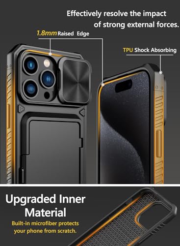 Vihibii for iPhone 15 Pro Max Case Wallet with Card Holder (4 Cards), Black | Slide Camera Cover, Kickstand, Military Grade Drop Protection, Rugged Hard Back, Silicone Edge Wallet Phone Case, 2023, Black - color: Black, size: iPhone 15 Pro Max