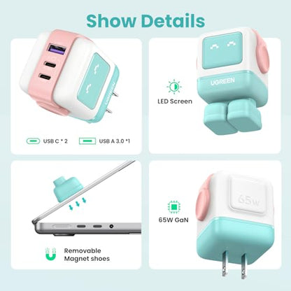 UGREEN Uno 65W 3-Port USB C Charger Adapter, GaN Fast Charging Block, Green - color: Pink Blue