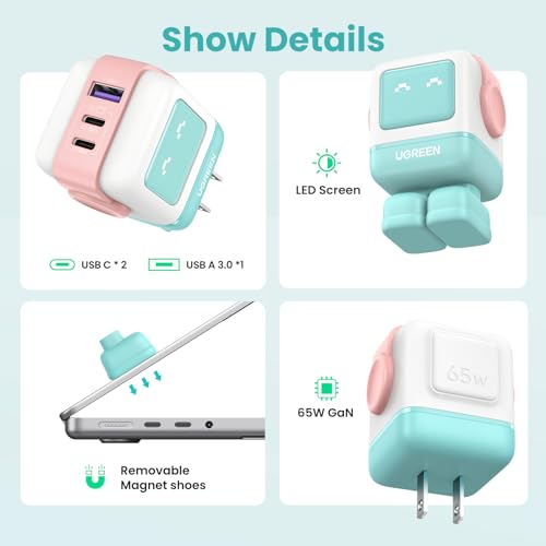 UGREEN Uno 65W 3-Port USB C Charger Adapter, GaN Fast Charging Block, Green - color: Pink Blue