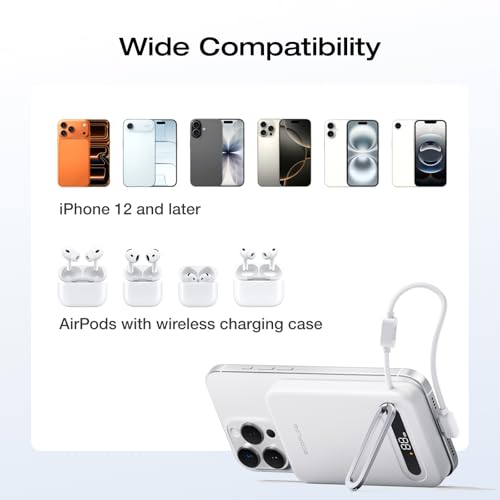 EF ECOFLOW Rapid Mag Power Bank, Qi2.2 25W MagSafe-Compatible Portable Charger, 10,000mAh Magnetic Power Charger with Built-in USB-C Cable and Foldable Stand, for iPhone 17/16/15 - color: White