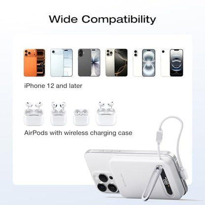 EF ECOFLOW Rapid Mag Power Bank, Qi2.2 25W MagSafe-Compatible Portable Charger, 10,000mAh Magnetic Power Charger with Built-in USB-C Cable and Foldable Stand, for iPhone 17/16/15 - color: White