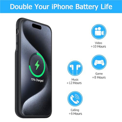 Battery Case for iPhone 15 Pro, [10000mAh] Enhanced Portable Protective Smart Qi Wireless Charger Case Battery Pack with CarPlay Wireless Charging Case Compatible for iPhone 15 Pro (6.1 inch)-Black - size: iPhone 15 Pro