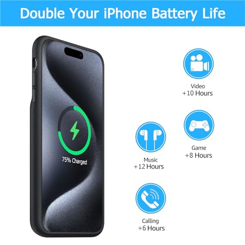 Battery Case for iPhone 15 Pro, [10000mAh] Enhanced Portable Protective Smart Qi Wireless Charger Case Battery Pack with CarPlay Wireless Charging Case Compatible for iPhone 15 Pro (6.1 inch)-Black - size: iPhone 15 Pro