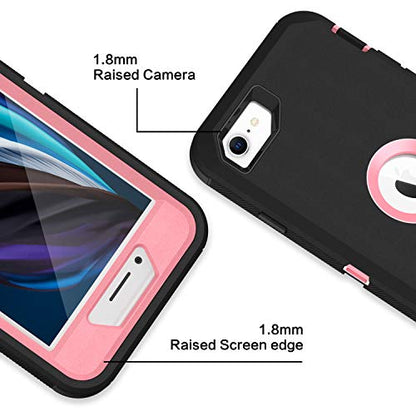 MXX Case Designed for iPhone SE Case 2020/SE 2022 Heavy Duty Protective with Screen Protector [3 Layers] Rugged Rubber Protection Cover & Rotating 360 Degree Belt Clip SE 3rd/2nd Gen(Black/Light Pink) - color: Black/Light Pink