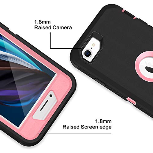 MXX Case Designed for iPhone SE Case 2020/SE 2022 Heavy Duty Protective with Screen Protector [3 Layers] Rugged Rubber Protection Cover & Rotating 360 Degree Belt Clip SE 3rd/2nd Gen(Black/Light Pink) - color: Black/Light Pink