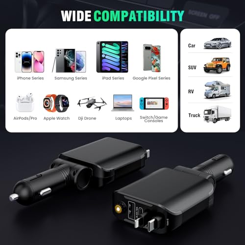 Retractable Car Charger with Starlight, 4 in 1 [120W] USB C for iPhone and Android Car Charger Fast Charging, Compatible with iPhone 16/15/14/13/12/11, Valentines Gifts for Women Men (Black)