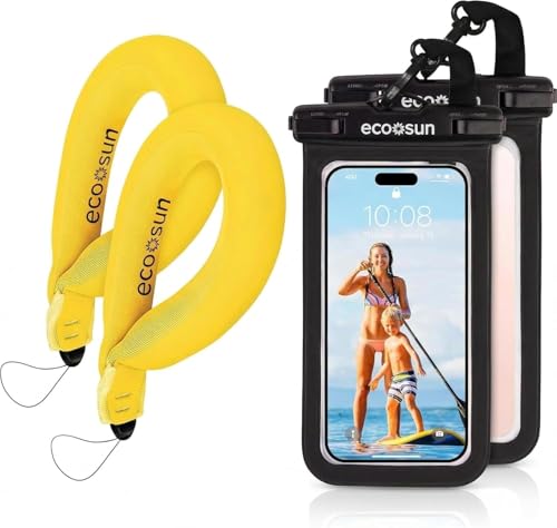 Eco Sun Waterproof Phone Pouch & Floating Wrist Strap Bundle (2-Pack Each) – Waterproof Phone Case + Float Strap – Travel & Beach Essentials Designed in Hawaii – Fits iPhone 17 Pro Max, GoPro, Cameras