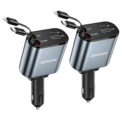 [2 Pack] Retractable Car Charger, 4 in 1 Fast Car Phone Charger Adapter 69W - size: 2 Pack C + L Retractable Cords