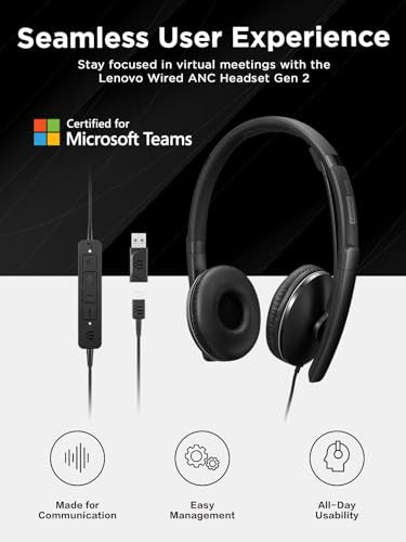 Lenovo Wired ANC Headset Gen 2 (Teams) with Active Noise Cancellation, EPOS BrainAdapt & ActiveGard Tech, Lightweight, USB-C, Plug-and-Play, Zoom Certified, Customizable, Hearing Protection - style: Wired ANC Gen 2 (Teams)