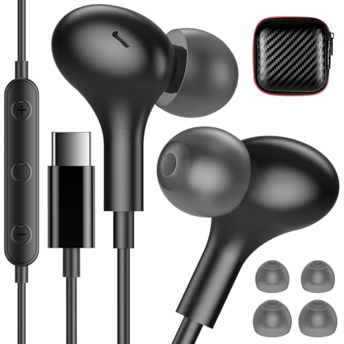USB C Headphones for Apple/iPhone Duo 18 17 16 15 Wired Earbuds with Case - color: Black