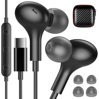 USB C Headphones for Apple/iPhone Duo 18 17 16 15 Wired Earbuds with Case - color: Black