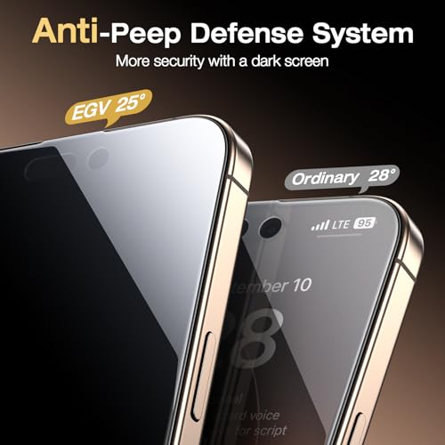 EGV Compatible for iPhone 16 Pro Privacy Screen Protector [9H+ Military Grade Shatterproof & 100% Anti Spy], Privacy Screen iPhone 16 Pro Tempered Glass, Full Coverage Protection, 2 Packs - size: iPhone 16 Pro