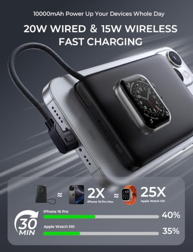LISEN 0.5'' Ultra Slim MagSafe Power Bank for iPhone and Apple Watch,10000mAh MagSafe Battery Pack,Alloy Magnetic Portable Charger for iPhone 16 Pro Max Plus/15, Apple Watch S11 /S10 S9 SE，Black - color: Dark Black