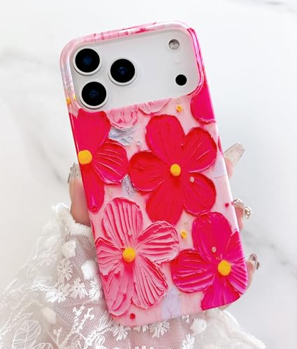 Qokey Case for iPhone 17 Pro Max, Cute Exquisite Stylish Artistic Printed Flower Laser Beam Glossy Pattern Durable TPU Protective Phone Cover for Girls Women, Pink Rose - color: Rose Pink Artistic Flower