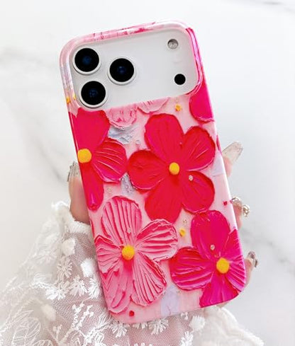 Qokey Case for iPhone 17 Pro Max, Cute Exquisite Stylish Artistic Printed Flower Laser Beam Glossy Pattern Durable TPU Protective Phone Cover for Girls Women, Pink Rose - color: Rose Pink Artistic Flower