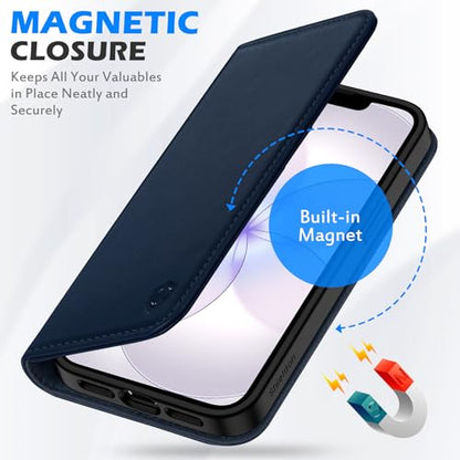 SHIELDON Genuine Leather Case Wallet for iPhone 17e/16e 6.1", Navy Blue | Flip, Magnetic Closure, RFID Blocking 3 Card Holder, Kickstand, Full Protection, Shock Absorbing Protective Cover - color: Navy Blue