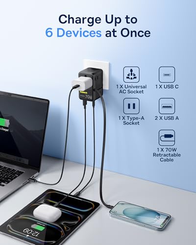 Baseus 70W Universal Travel Adapter, 6-in-1 International Plug Adapter - color: Black, size: 70W