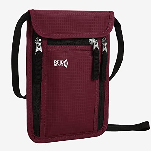 Travel Pouch Neck Wallet Family Passport Holder Organizer Case with RFID Blocking - color: Wine Red