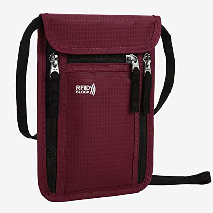 Travel Pouch Neck Wallet Family Passport Holder Organizer Case with RFID Blocking - color: Wine Red