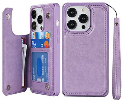 iCoverCase Compatible with iPhone 14 Pro Wallet Phone Case with Card Holder for Women, RFID Blocking Embossed PU Leather Wrist Strap Case 6.1 Inch (Macaron Purple) - color: P-Purple