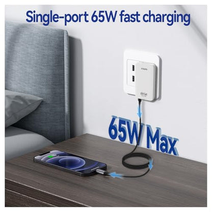 65W Flat USB C Wall Charger,2 Port Ultra-Slim USB C GaN Charger with Foldable Plug for MacBook, iPhone 16/15/14/13/12/11/Pro Max/XS/XR,Galaxy S24/S23/Note20,Includes 2.28ft Fast Charging Cable,White - color: White-Cable