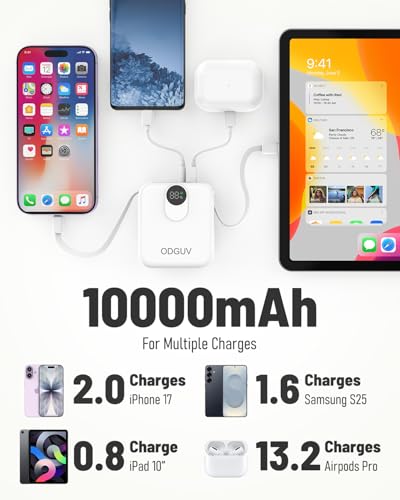 Small Portable Charger with Built-in Cables,22.5W Fast Charging Power Bank,USB-C Mini Battery Pack 10000mAh,Travel Essential Powerbank for iPhone Samsung Android MacBook iPad,White - color: white