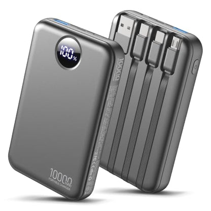 Portable Charger 10000mAh with 4 Built-in Cables 40% Smaller (Ebony)