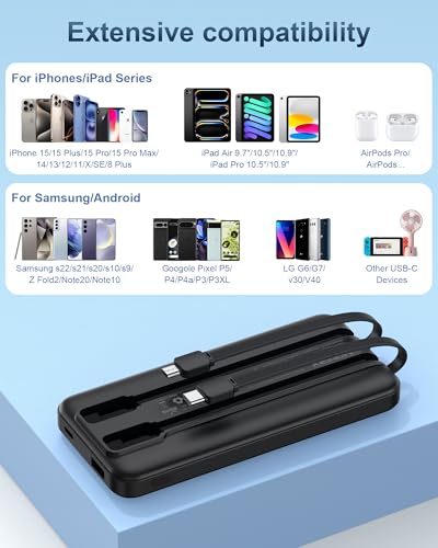 AsperX 2-Pack 10000mAh Portable Charger Built-in USB C Cables, LED Display - color: Black+Black