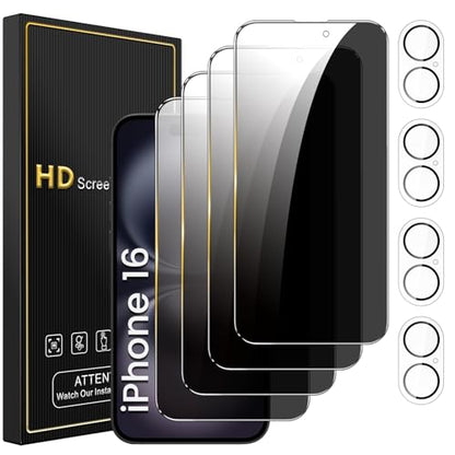 Romkasi 4 Pack Privacy Screen Protector for iPhone 16 6.1 Inch with 4 Pack Camera Lens Protector, Anti Spy Tempered Glass Film, Anti-Scratch, Touch Sensitive, Case Friendly - color: iPhone 16