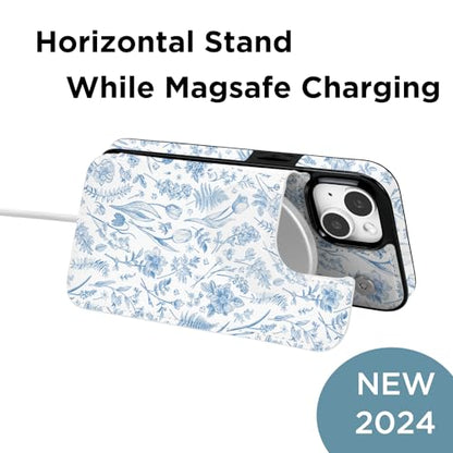 uCOLOR for iPhone 13/14 Wallet Case Magsafe with Card Holder Slot | Compatible with MagSafe,Folio Flip PU Leather Magnetic RFID Design with Camera Lens Protector, Blue Toile Flowers - color: Blue Toile Flowers