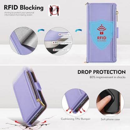 Antsturdy Crossbody Phone Wallet Case for iPhone 14 Pro,Light Purple | RFID Blocking,PU Leather Flip Cover,Kickstand,with Credit Card Holder,Wrist Strap Lanyard & Handbag Purse,for Women & Men - color: (Crossbody) - Light Purple