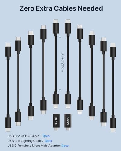 SooPii 100W USB-C Charging Station,10-Port PD Fast Charger,3-Pin Grounded Safety,10pcs Mixed Short Cables Included,Charging Organizer for Phones,Tablets and Other Electronics(Black)