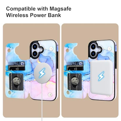 HAOPINSH Wallet Case for iPhone 17, Compatible with MagSafe Wireless Charging, Pink Blue Marble Pattern Back Flip Folio PU Leather Kickstand Card Slots Case Double Magnetic Clasp Cover 6.3" - color: Pink Blue Marble for MagSafe
