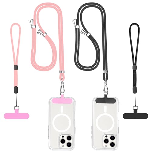 Cell Phone Lanyard, 2x Anti theft Phone Strap Crossbody Neck Phone Lanards and 2x Wrist Phone Strap with 2x Phone Tether Pads for Most Mobile Phones Black Pink - color: Black+pink