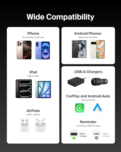 Belkin USB A to USB C 15W Braided Cable 3.3ft iPhone Charger Cord - color: Black, style: 3.3 ft
