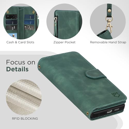 for Samsung Galaxy S24-FE-Wallet Case: with RFID Blocking Card Slots (6 Cards) | Soft PU Leather Magnetic Snap Zipper Pocket | Crossbody Wrist Strap Protective Phone Cover - Green - color: Green, size: Galaxy S24 FE（6.7‘’）