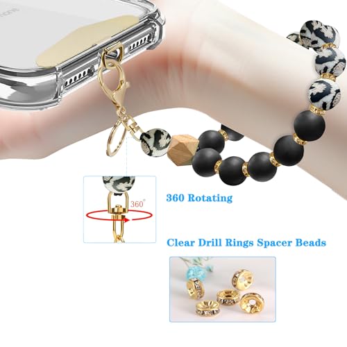 Silicone Beaded Phone Wrist Strap, Phone Bracelet Strap with Tether Tab Elastic Hands Free Wristlet Strap - color: Leopard Print B