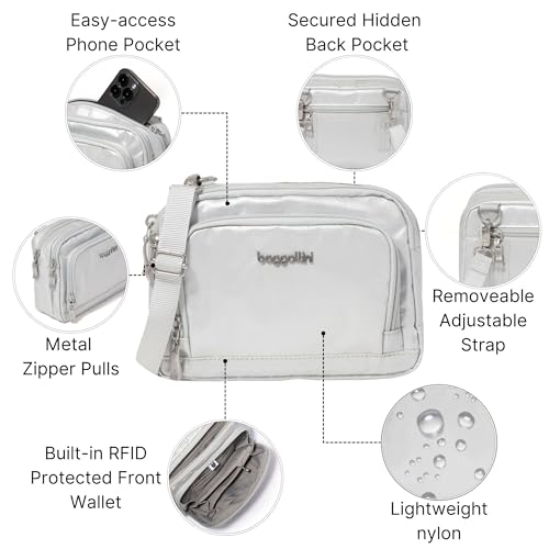 Baggallini Triple Zip with Front Wallet/Trifecta RFID Wallet Crossbody - color: Silver Metallic