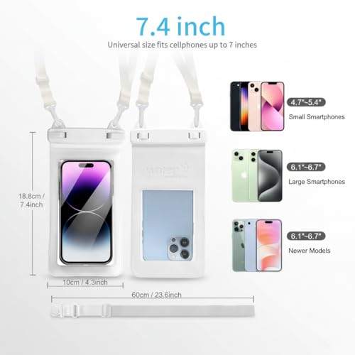 IPX8, 7.4Waterproof Phone Pouch, Universal Fit(iPhone 16 15 14 13 Plus Pro, 12 11 Pro, XR X 8 7 6S Plus SE, Galaxy S25 S24 S23 S20 Series Pixel, Lanyard Included (White) 1pack - color: White