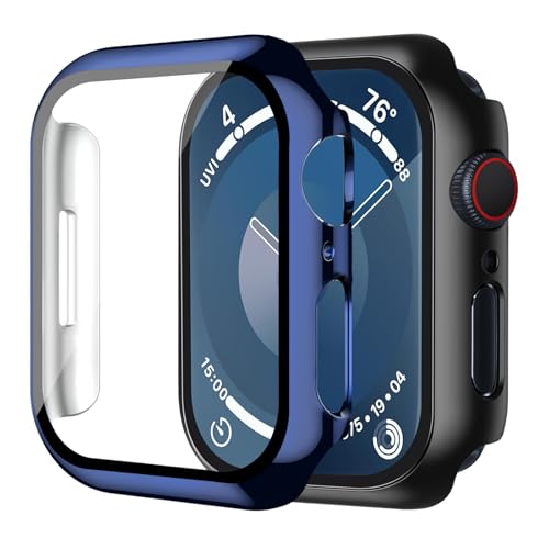 Smiling 2 Pack Case Built in Tempered Glass Screen Protector Compatible with Apple Watch SE 2 (2024)/SE/Series 6/Series 5/Series 4 44mm, Hard PC Case Overall Protective Cover-1 Black + 1 Blue - color: Black + Blue, size: 44mm