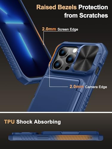 Vihibii for iPhone 13 Pro Case Wallet with Card Holder (4 Cards), Blue | RFID Blocking, Slide Lens Camera Cover, Military Grade Drop Protection, Raised Edges Protect Screen, Ditch the bulky bag - color: Blue, size: iPhone 13 Pro