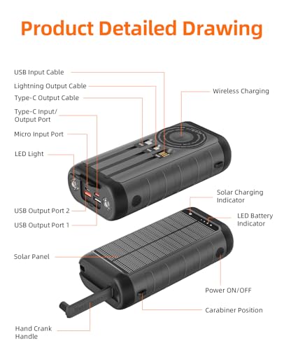 Solar Charger Power Bank 59800mAh, 6 Outputs & Hand Crank, Emergency Use - color: Grey Black