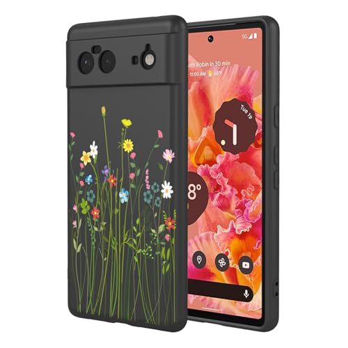Case for Google 6 Floral Phone Case Soft Touch Liquid Silicone Fluffy Lining Wireless Charging Compatible Protective Phone Cover for Google Pixel 6,Black Wildflower - color: Black Wildflower, size: For Google Pixel 6