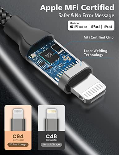 2Pack MFi Certified 10ft USB-C to Lightning Cable for iPhone 14/13/12, iPad - size: 10FT