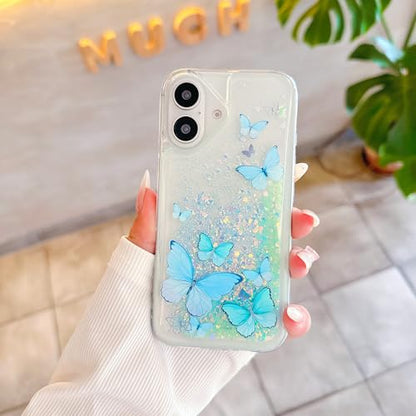 Compatible with iPhone 17 Pro Glitter Butterfly Case Glow in The Dark Women Girls Girly Bling Sparkle Flowing Quicksand Light up Soft TPU Bumper Luminous Clear Phone Cover, Pink - color: Blue, size: iPhone 17