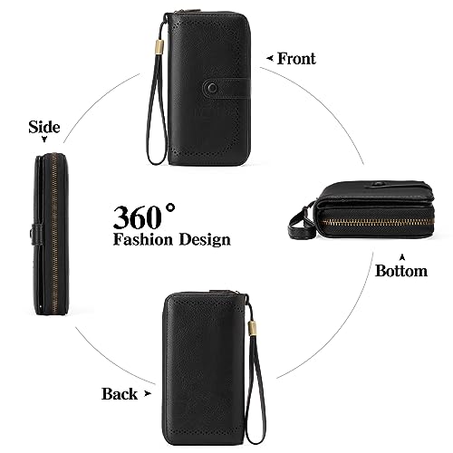 GAEKEAO Leather Credit Card Holder Wallet for Women RFID Blocking Large Capacity Bifold Zipper Card Case Organizer with Wristlet 45 Slots - color: Black