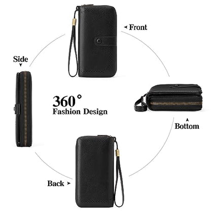 GAEKEAO Leather Credit Card Holder Wallet for Women RFID Blocking Large Capacity Bifold Zipper Card Case Organizer with Wristlet 45 Slots - color: Black