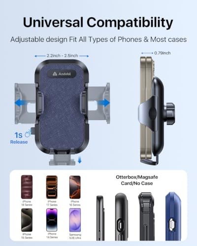 andobil Car Phone Holder Mount (Strong Suction&Bumpy Road Stable) Phone Holders for Your Car, Cell Phone Car Mount for Windshield Dash Vent Truck Cradle Stand for iPhone 17 16 15 14 Pro Max, Blue - color: Blue