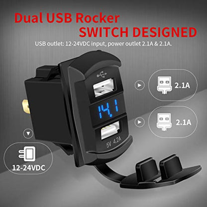 DaierTek USB Rocker Switch Red Led Digital Voltmeter Dual USB Car Charger Adapter Socket Waterproof for Rocker Marine Switch Panel on Boat RV Vehicle - color: red